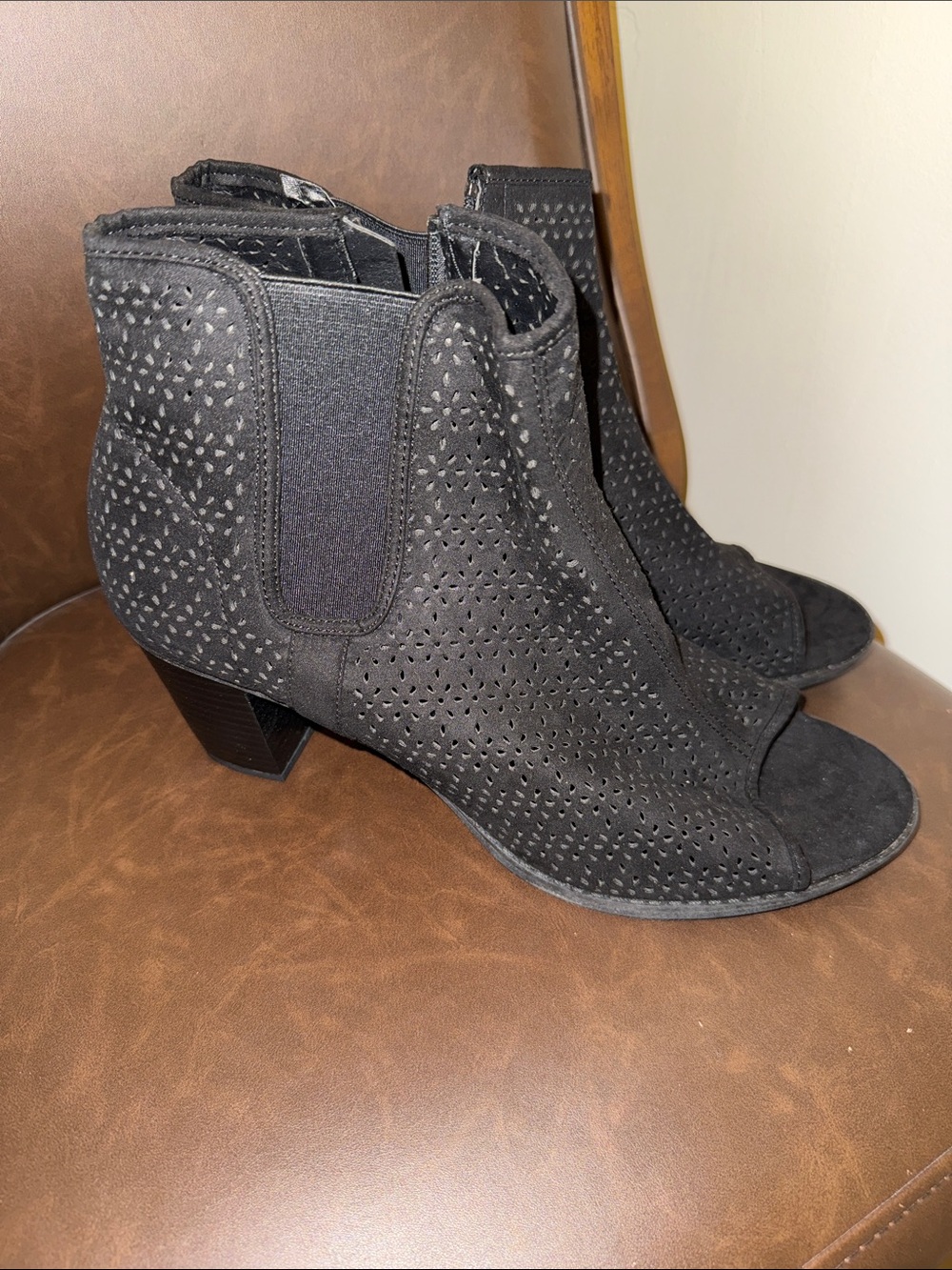 Black Perforated Peep-Toe Ankle Boots